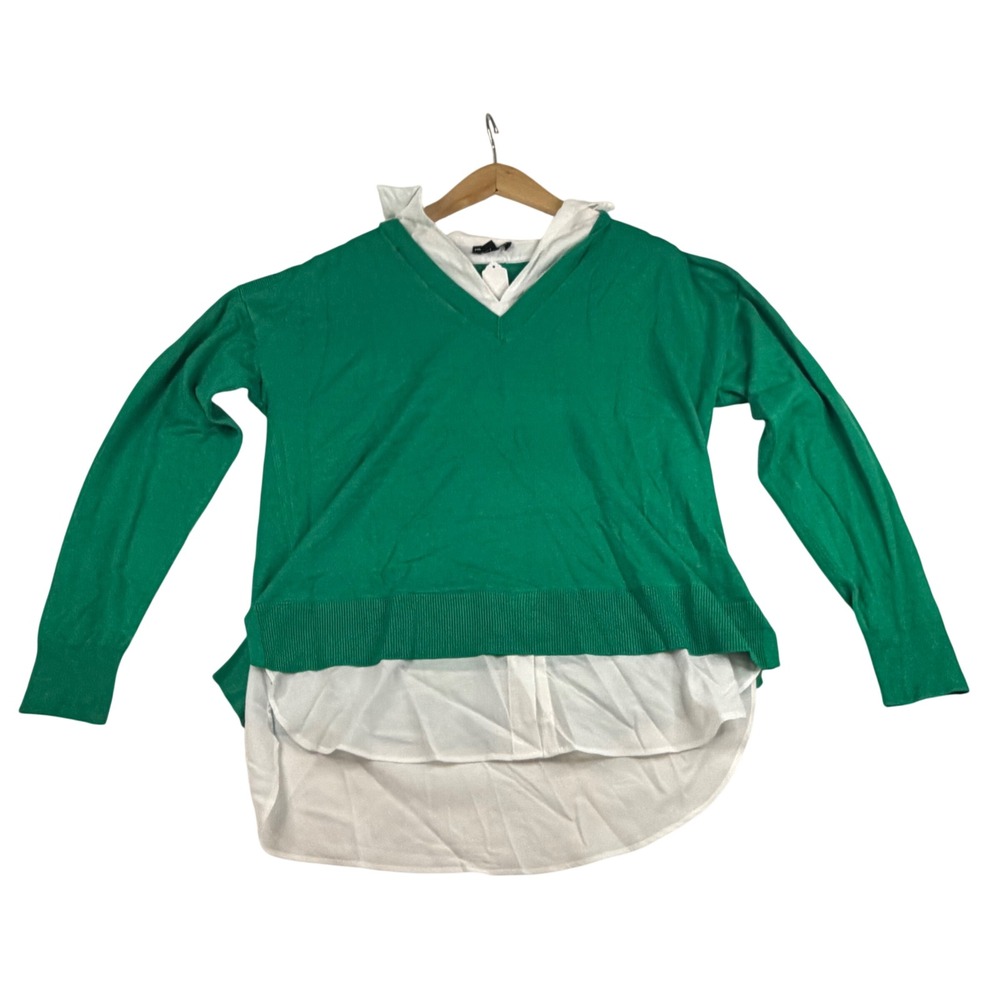 Hilary Radley Green V-Neck 2-in-1 Layered Sweater White Collar Top Large